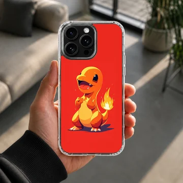A cute orange fire dragon character with a flaming tail on a bold red background phone case — Lifestyle