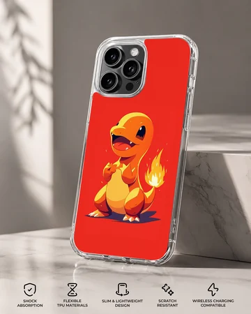 A cute orange fire dragon character with a flaming tail on a bold red background phone case — Specs
