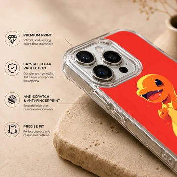 A cute orange fire dragon character with a flaming tail on a bold red background phone case — Info