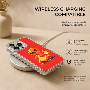 A cute orange fire dragon character with a flaming tail on a bold red background phone case — Charging