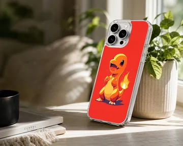 A cute orange fire dragon character with a flaming tail on a bold red background phone case — Lifestyle