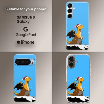 An orange cartoon dragon wearing a Santa hat stands in the snow against a bright blue sky on a phone case — Collage