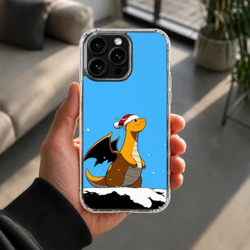 An orange cartoon dragon wearing a Santa hat stands in the snow against a bright blue sky on a phone case — Lifestyle