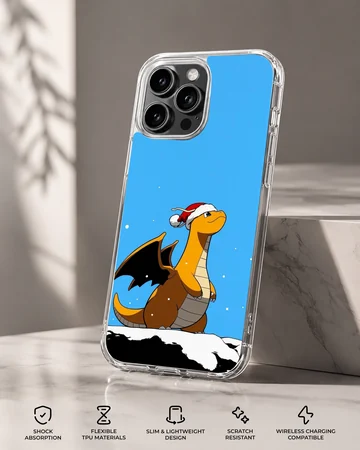 An orange cartoon dragon wearing a Santa hat stands in the snow against a bright blue sky on a phone case — Specs