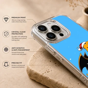 An orange cartoon dragon wearing a Santa hat stands in the snow against a bright blue sky on a phone case — Info