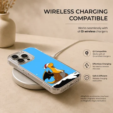 An orange cartoon dragon wearing a Santa hat stands in the snow against a bright blue sky on a phone case — Charging