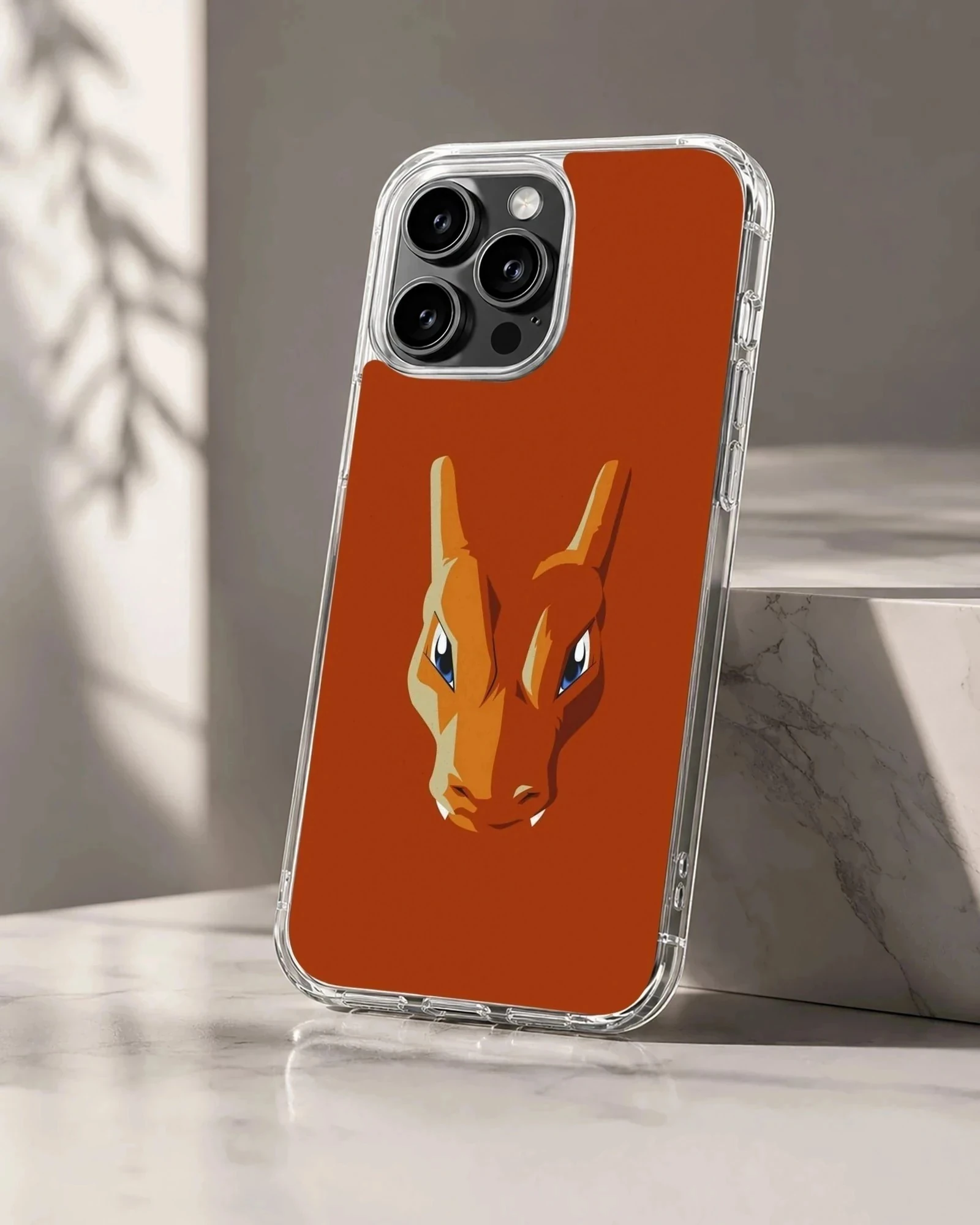 Vibrant orange gaming monster portrait phone case with sharp horns and intense blue eyes phone case