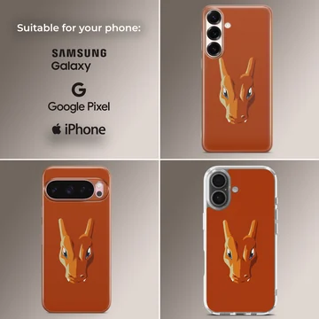 Vibrant orange gaming monster portrait phone case with sharp horns and intense blue eyes phone case — Collage