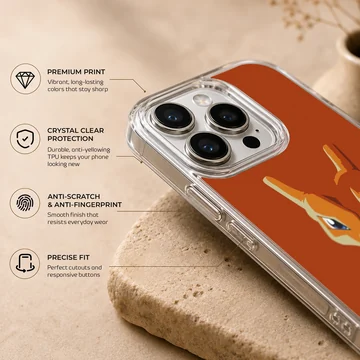 Vibrant orange gaming monster portrait phone case with sharp horns and intense blue eyes phone case — Info