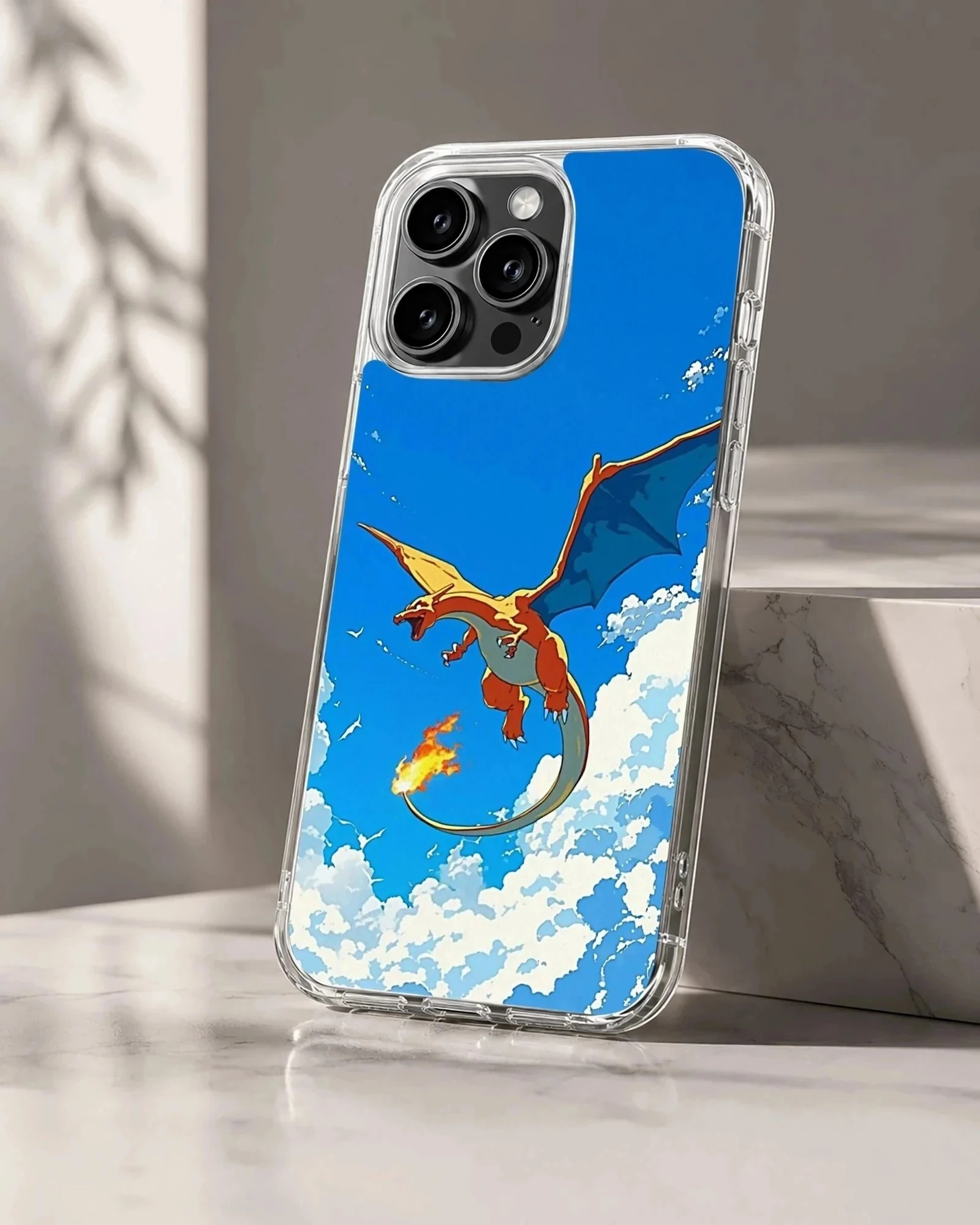 Charizard fire dragon soaring through blue skies and clouds phone case