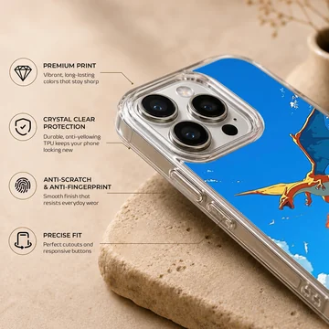 Charizard fire dragon soaring through blue skies and clouds phone case — Info