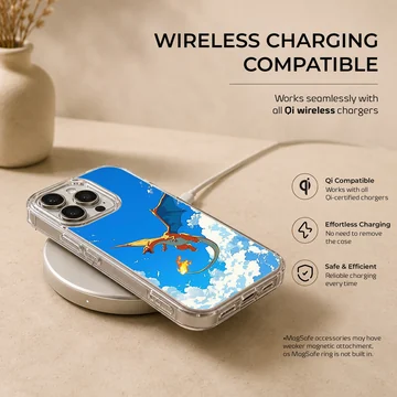 Charizard fire dragon soaring through blue skies and clouds phone case — Charging