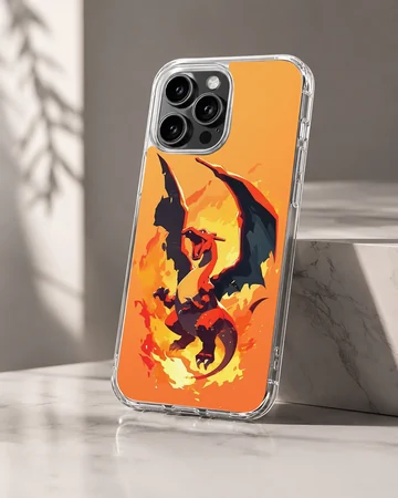 Digital illustration of a roaring red and orange fire dragon on a matte phone case — Hero