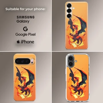 Digital illustration of a roaring red and orange fire dragon on a matte phone case — Collage