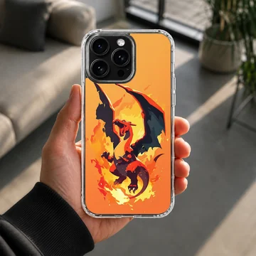 Digital illustration of a roaring red and orange fire dragon on a matte phone case — Lifestyle