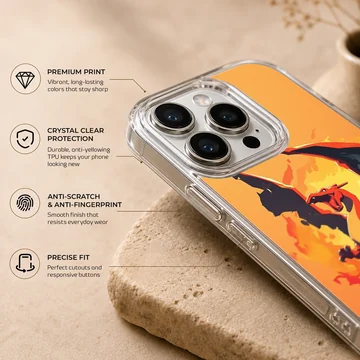 Digital illustration of a roaring red and orange fire dragon on a matte phone case — Info