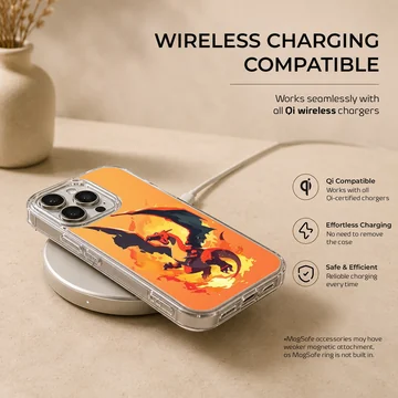 Digital illustration of a roaring red and orange fire dragon on a matte phone case — Charging