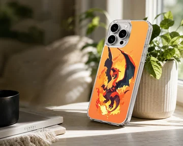 Digital illustration of a roaring red and orange fire dragon on a matte phone case — Lifestyle