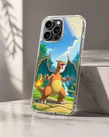 Charizard fire dragon standing in a vibrant landscape with a waterfall and burning tail flame on a phone case