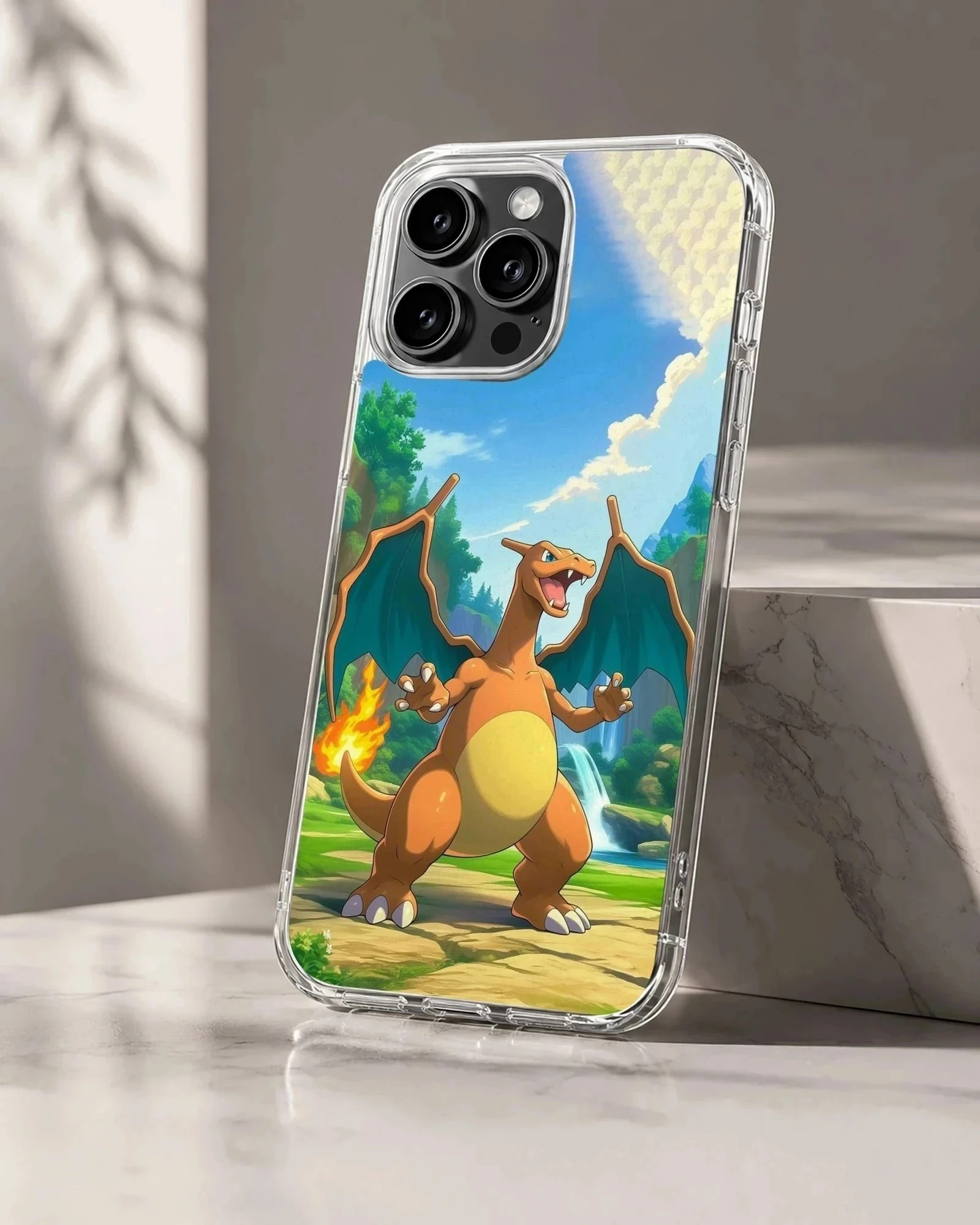 Charizard fire dragon standing in a vibrant landscape with a waterfall and burning tail flame on a phone case
