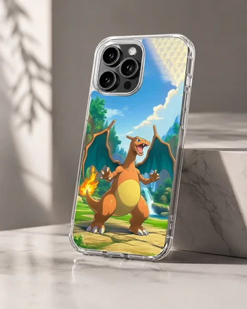 Charizard fire dragon standing in a vibrant landscape with a waterfall and burning tail flame on a phone case — Hero