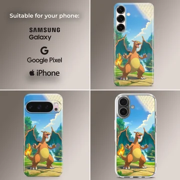 Charizard fire dragon standing in a vibrant landscape with a waterfall and burning tail flame on a phone case — Collage