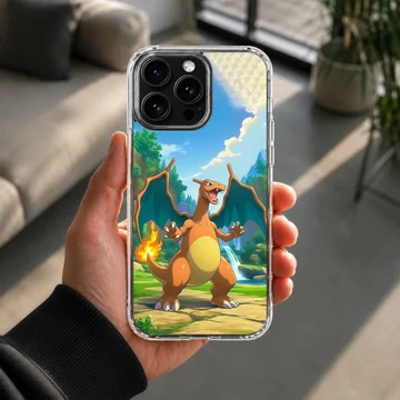 Charizard fire dragon standing in a vibrant landscape with a waterfall and burning tail flame on a phone case — Lifestyle