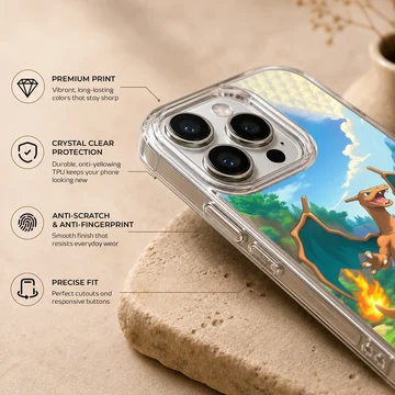 Charizard fire dragon standing in a vibrant landscape with a waterfall and burning tail flame on a phone case — Info