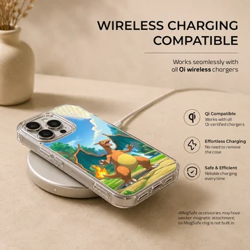 Charizard fire dragon standing in a vibrant landscape with a waterfall and burning tail flame on a phone case — Charging