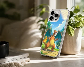 Charizard fire dragon standing in a vibrant landscape with a waterfall and burning tail flame on a phone case — Lifestyle