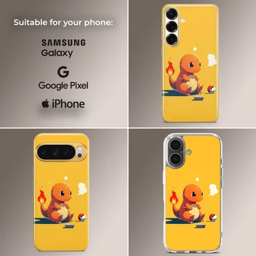 Cute orange fire dragon character sitting on a bright yellow background phone case — Collage