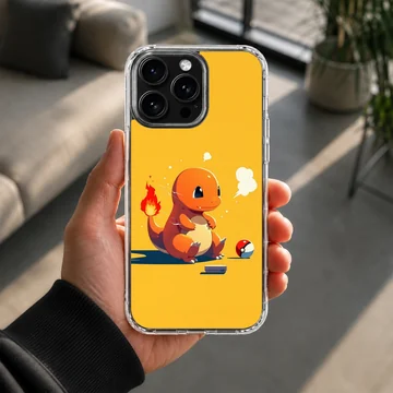 Cute orange fire dragon character sitting on a bright yellow background phone case — Lifestyle