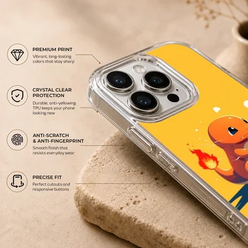 Cute orange fire dragon character sitting on a bright yellow background phone case — Info