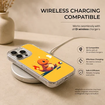 Cute orange fire dragon character sitting on a bright yellow background phone case — Charging