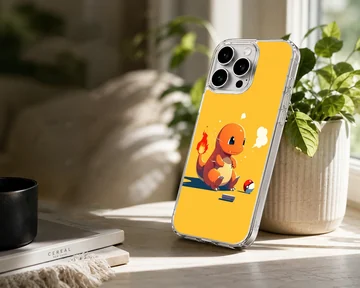 Cute orange fire dragon character sitting on a bright yellow background phone case — Lifestyle