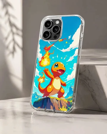 An orange fire breathing cartoon dragon standing on a cliff against a blue sky phone case