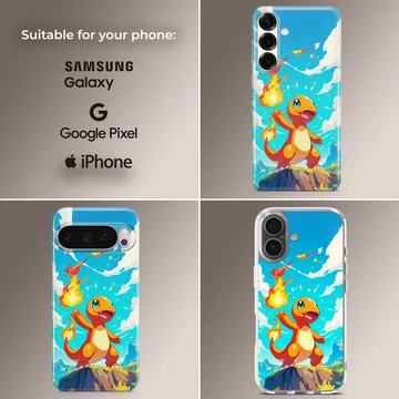 An orange fire breathing cartoon dragon standing on a cliff against a blue sky phone case — Collage