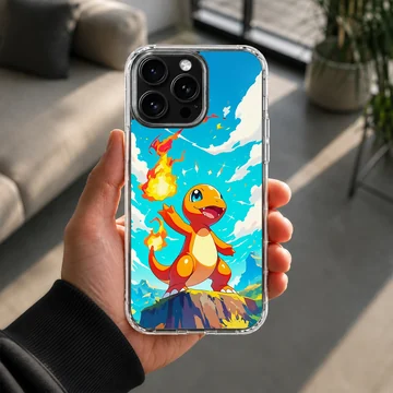 An orange fire breathing cartoon dragon standing on a cliff against a blue sky phone case — Lifestyle