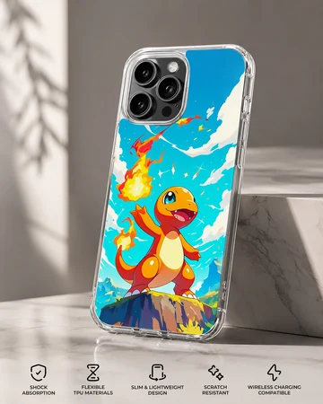 An orange fire breathing cartoon dragon standing on a cliff against a blue sky phone case — Specs