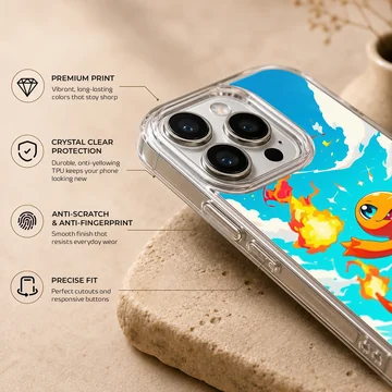 An orange fire breathing cartoon dragon standing on a cliff against a blue sky phone case — Info