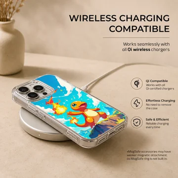 An orange fire breathing cartoon dragon standing on a cliff against a blue sky phone case — Charging
