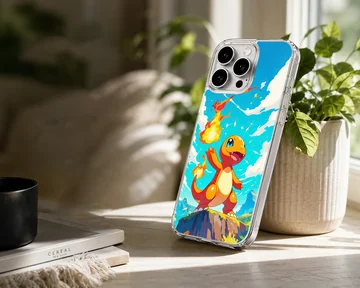 An orange fire breathing cartoon dragon standing on a cliff against a blue sky phone case — Lifestyle