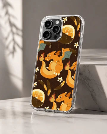 Charizard fire dragon character repeated with orange slices and white flowers on a dark background phone case — Hero