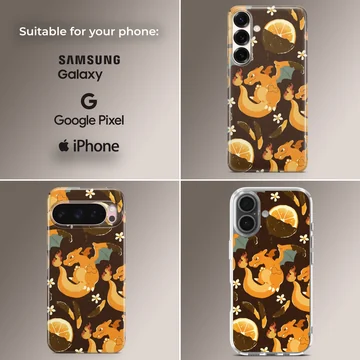 Charizard fire dragon character repeated with orange slices and white flowers on a dark background phone case — Collage