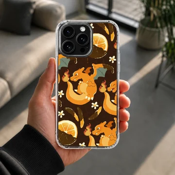 Charizard fire dragon character repeated with orange slices and white flowers on a dark background phone case — Lifestyle