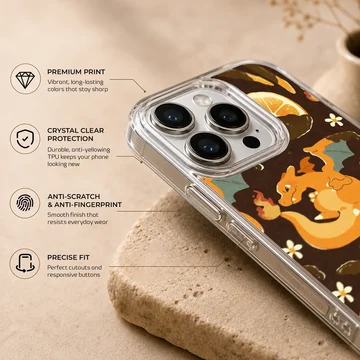 Charizard fire dragon character repeated with orange slices and white flowers on a dark background phone case — Info