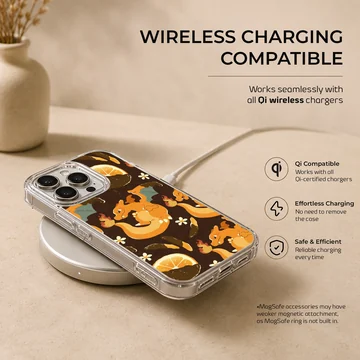 Charizard fire dragon character repeated with orange slices and white flowers on a dark background phone case — Charging