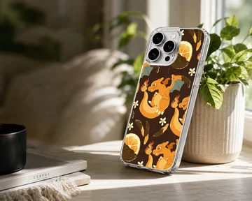 Charizard fire dragon character repeated with orange slices and white flowers on a dark background phone case — Lifestyle