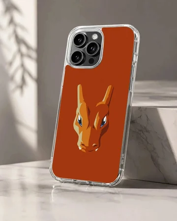 Digital illustration of an orange fire dragon head on a solid burnt orange phone case background