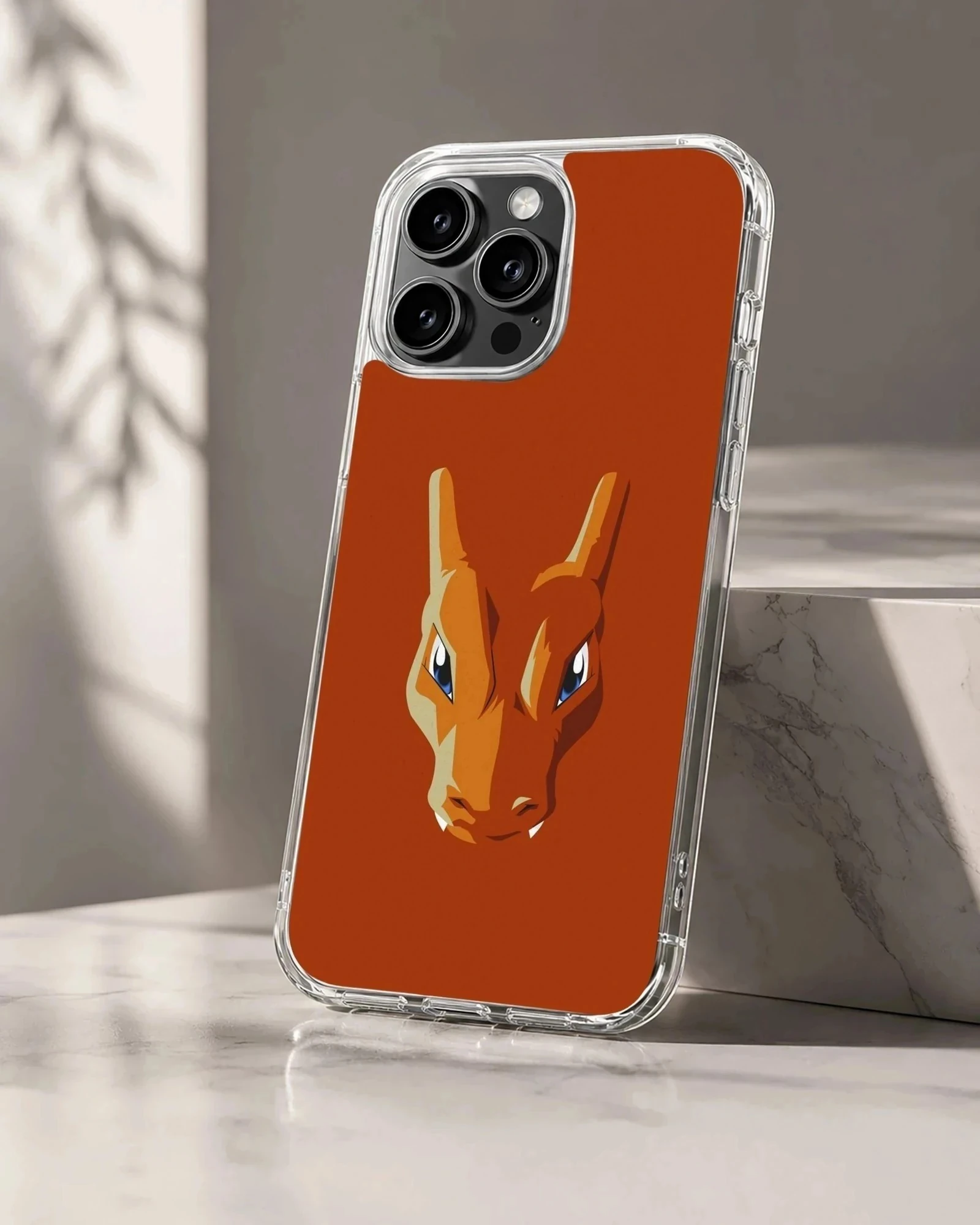 Digital illustration of an orange fire dragon head on a solid burnt orange phone case background